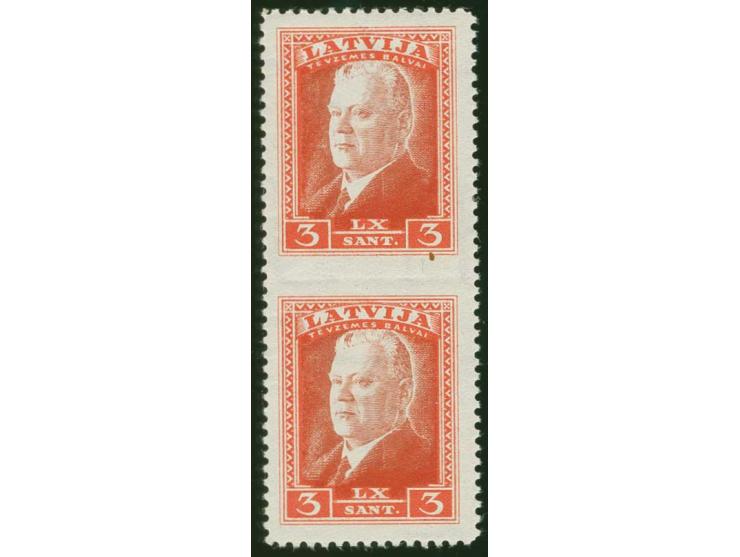 1937, President Ulmanis 3 s. orange/brown, vertical pair horizontally imperforated, unused, scarce, fine