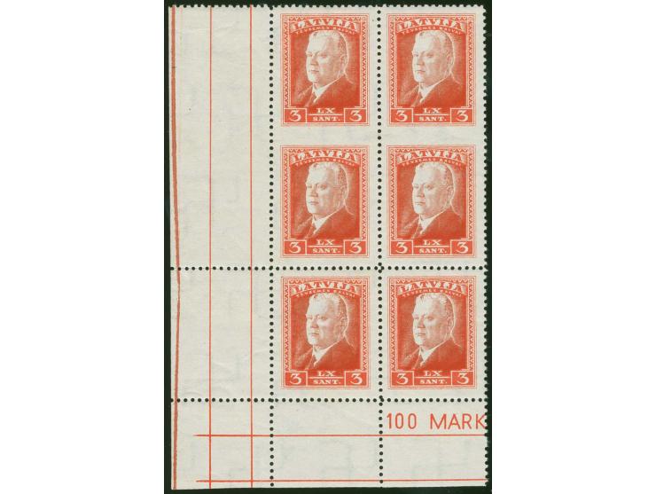 1937, President Ulmanis 3 s. orange/brown, block of six from the lower left sheet corner, the four upper stamps horizontally 