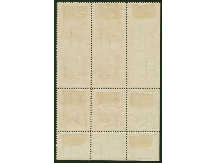 1937, President Ulmanis 3 s. orange/brown, block of six from the lower left sheet corner, the four upper stamps horizontally 