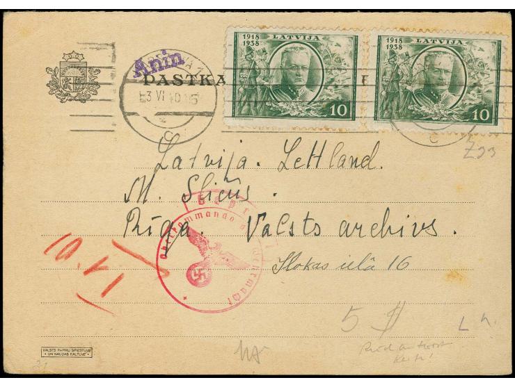 1938, Balodis 10 c., two singles tied by machine cancel "WARSZAWA 3 VI 40" to reply card to Riga, with censor marks, fine