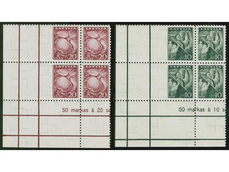 1939, Harvest Festival 10-20 s., blocks of four from the lower left sheet corner, imperforated at left, the upper stamps unus