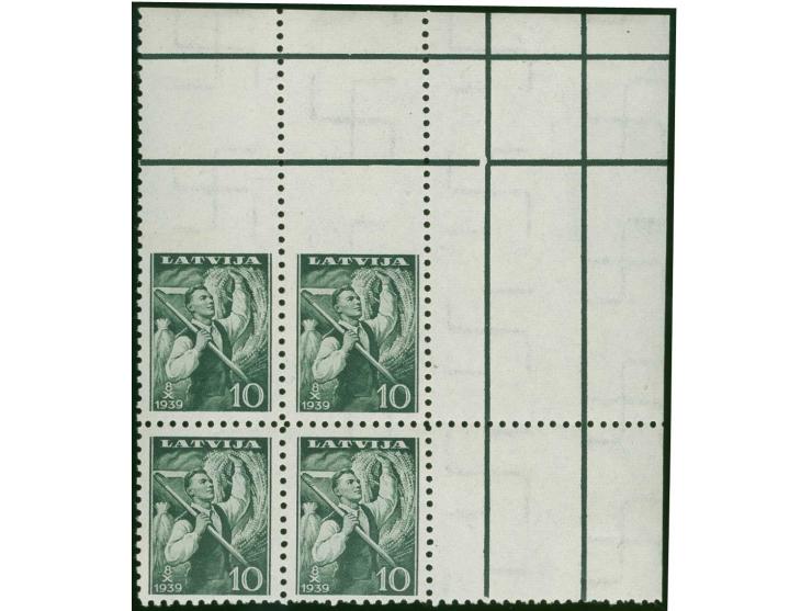 1939, Harvest Festival 10 s. dark green, block of four from the upper right sheet corner, imperforated at top, upper stamps m