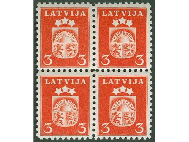 1940, Coat of arms 3 s. orange, block of four without watermark, mint never hinged, scarce, very fine, lower right stamp with
