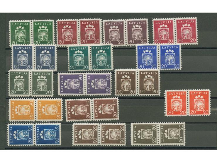 1940, Coat of arms 20 s., colour proofs, 16 perforated horizontal or vertical  pairs in different colours, mostly mint never 