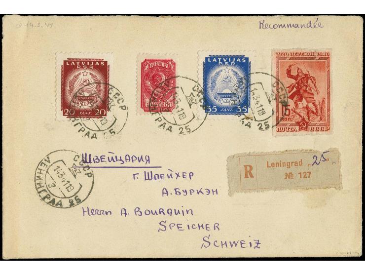 1940, Coat of arms 20 and 35 s. in combination with Sovjet Union stamps tied by cds. "LENINGRAD 14 3 41" to registered cover 