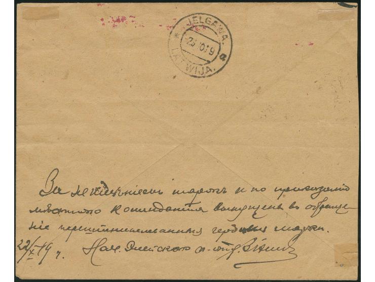 1919, 30 k. green, three singles tied by cds. "ELEJA" with handwritten date "22 10 19" to registered cover to Jelgava with ar
