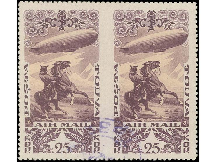1936, airmail 25 k. in horizontal pair, imperforated in centre, used, very fine and scarce
