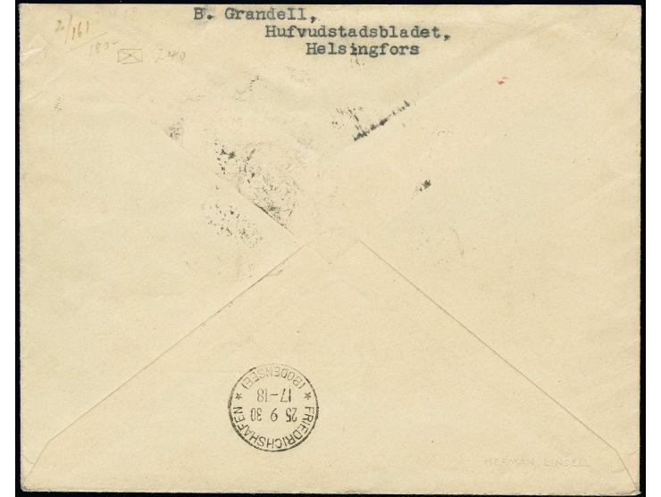 FINNISH POST: Zeppelin 10 m. as vertical pair tied by cds. "HELSINKI 24.IX.30" to cover to Riga, fine