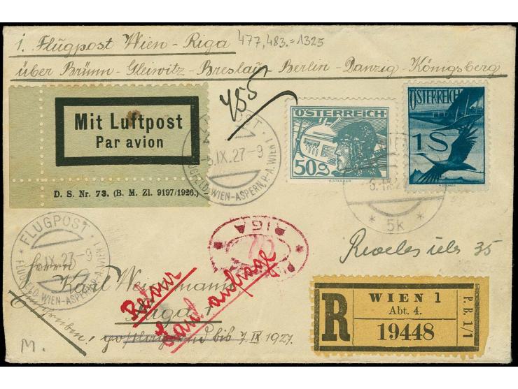 AUSTRIA: Airmail  50 g. and 1 s. tied by cds. "FLUGPOST 6 IX 27" to registered airmail cover to Riga, not deliverable, taxed 