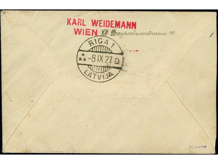 AUSTRIA: Airmail  50 g. and 1 s. tied by cds. "FLUGPOST 6 IX 27" to registered airmail cover to Riga, not deliverable, taxed 