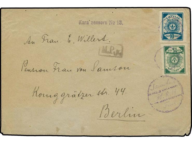 Mute single circle on 10 and 15 k. with adjacent provisional cds. "Jaunpils 31.8.19 Tuck" and straightline "Kara zenors No. 1