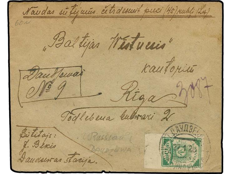  "ДАУДЗЕВАС 27 1 20" on 25 and 75 k. on front and reverse of insured letter to Riga, reverse with 5 red seals, fine, scarce