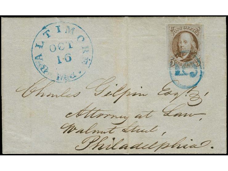 1847, 5 c. red-brown, clear at top, otherwise wide margins, tied by blue numeral "5" with adjacent "BALTIMORE OCT 16" (1849) 