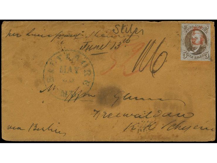 5 c. red-brown, cancelled by red "5", used on envelope with adjacent blue "BALTIMORE MAY 25" (1851) to Freiwaldau in Austria 