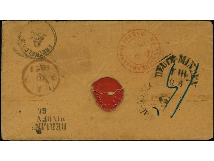 5 c. red-brown, cancelled by red "5", used on envelope with adjacent blue "BALTIMORE MAY 25" (1851) to Freiwaldau in Austria 