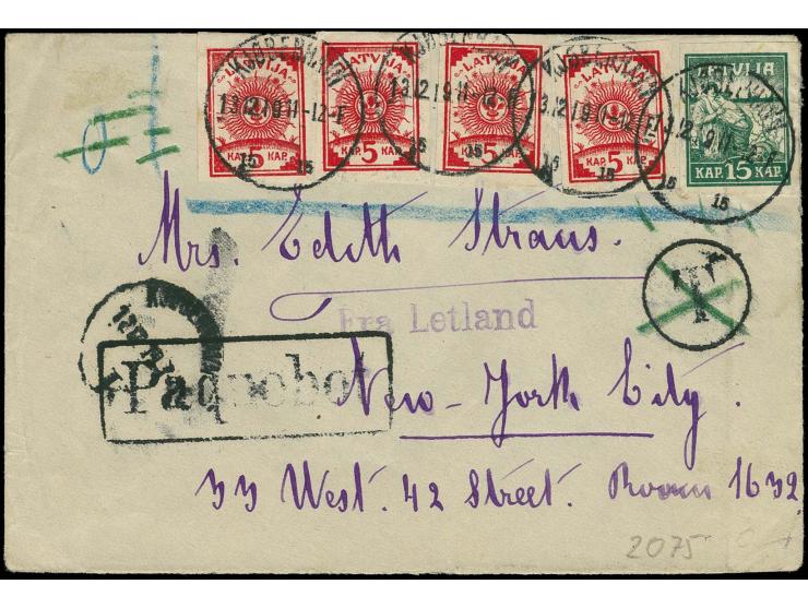 "Fra Letland" and "Paquebot" on cover franked with four singles 1919, 5 k. and Liberation of Riga 15 k., tied by cds. "KJOBEN