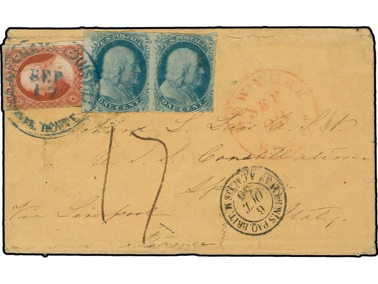 1851/57, 1 c. blue, type II, horizontal pair with 3 c. dull-red, tied by blue "CINCINNATI & LOUISVILLE MAIL ROUTE SEP 17" to 