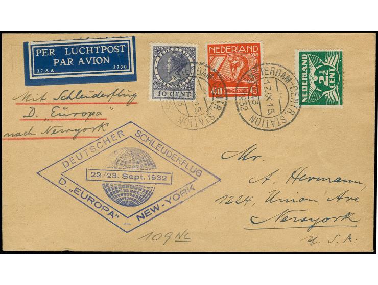 NIEDERLANDE: 1932, D.Europa 22.9., Brief von "AMSTERDAM-CENTR.STATION 17.IX." in die USA, Pracht, sign. H.E.Sieger