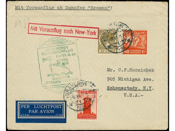 1934, D. Bremen 10.6., Brief von "s'GRAVENHAGE 5.IV" in die USA, leichte Beförderungsspuren und rückseitig fehlt die Verschlu