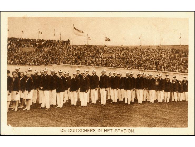 1928, Amsterdam, Sondermarken-Satz 1 1/2-30 C. kpl. auf Sonderkarte "De Duitschers in het Stadion" als R-Luftpostkarte mit So