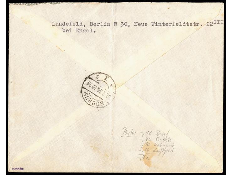 1936, Berlin, Sondermarke Freizeit und Erholung 15 Pfg. im senkrechten 4er-Streifen und Hindenburg 12 Pfg. mit Sonderstempel 