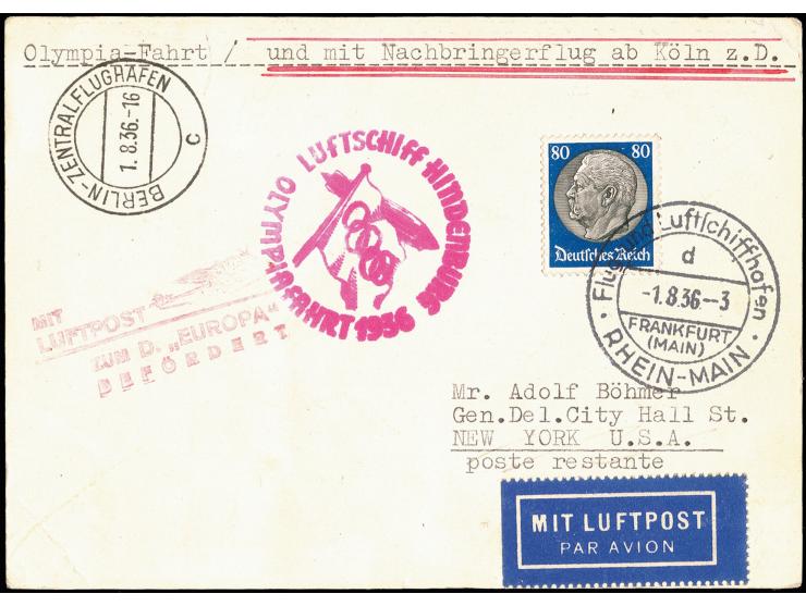 Olympiafahrt, Auflieferung Frankfurt mit Stempel "d", Karte mit violettem Bestätigungsstempel und rotem Nachbringer-Flugstemp