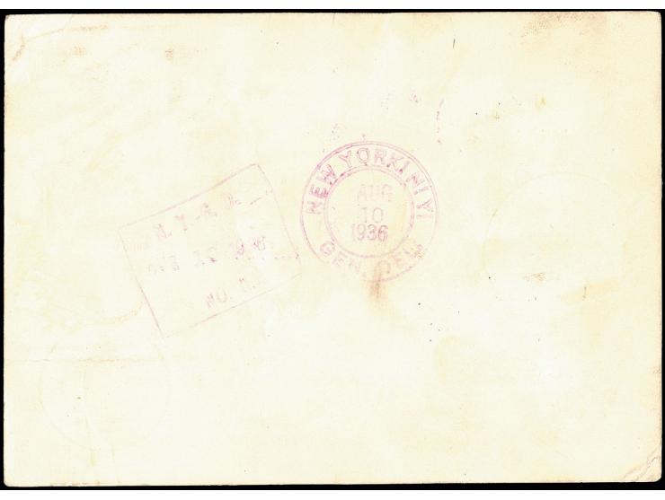 Olympiafahrt, Auflieferung Frankfurt mit Stempel "d", Karte mit violettem Bestätigungsstempel und rotem Nachbringer-Flugstemp