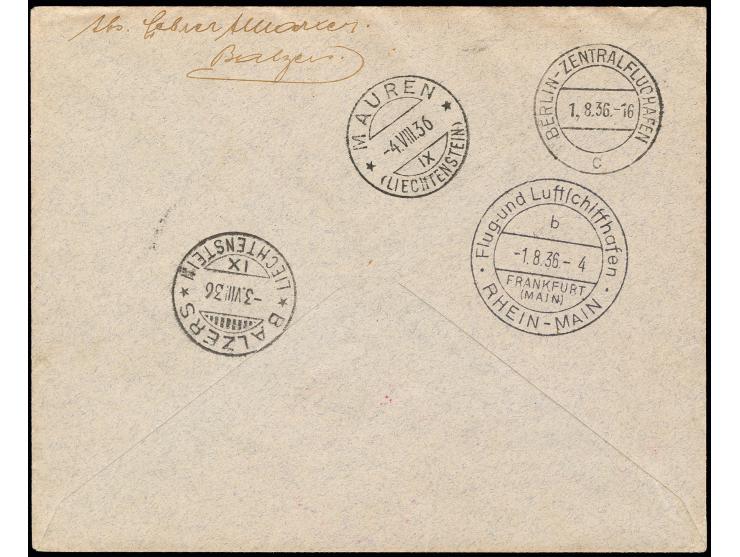 Liechtenstein: Brief mit guter Frankatur und rotlila Bestätigungsstempel, Kabinett