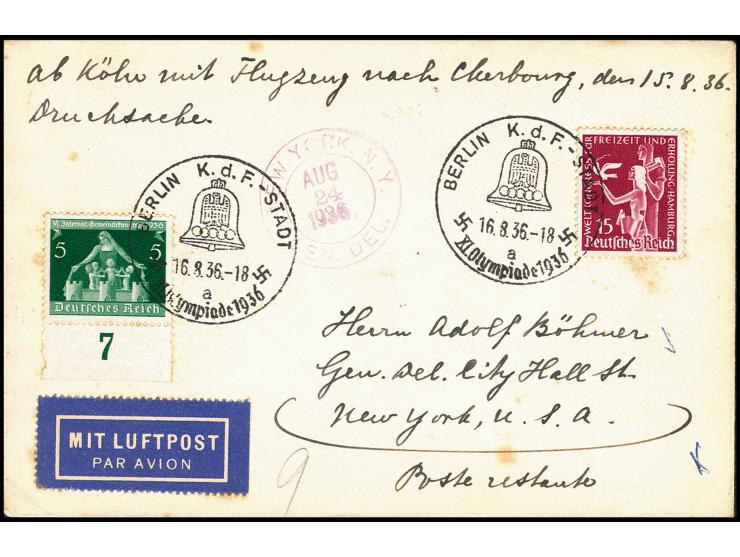 Nordatlantik: Luftpost-Drucksachenumschlag mit Sonderstempel "BERLIN K.d.F-STADT 16.8.36" mit Leitvermerk "ab Köln mit Flugze