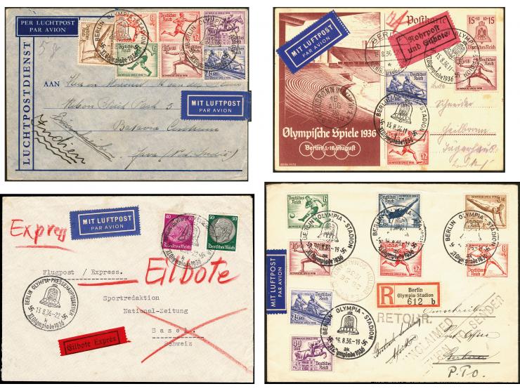 1936, Berlin und Garmisch Partenkirchen, Sammlung "Luftpost während der Olympischen Spiele" mit ca. 40 Briefen, Karten und Ga