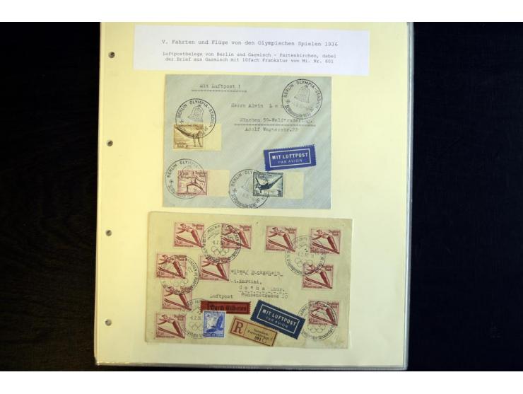 1936, Berlin und Garmisch Partenkirchen, Sammlung "Luftpost während der Olympischen Spiele" mit ca. 40 Briefen, Karten und Ga