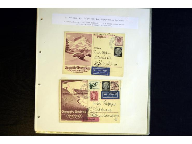 1936, Berlin und Garmisch Partenkirchen, Sammlung "Luftpost während der Olympischen Spiele" mit ca. 40 Briefen, Karten und Ga