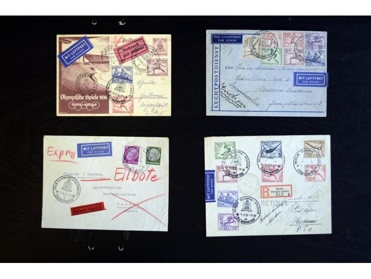 1936, Berlin und Garmisch Partenkirchen, Sammlung "Luftpost während der Olympischen Spiele" mit ca. 40 Briefen, Karten und Ga