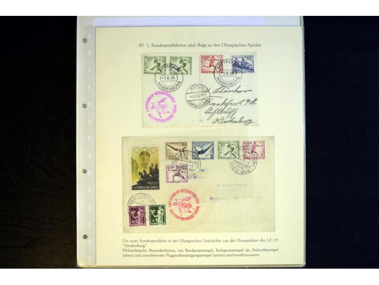 1936, Berlin und Garmisch Partenkirchen, Sammlung "Luftpost während der Olympischen Spiele" mit ca. 40 Briefen, Karten und Ga