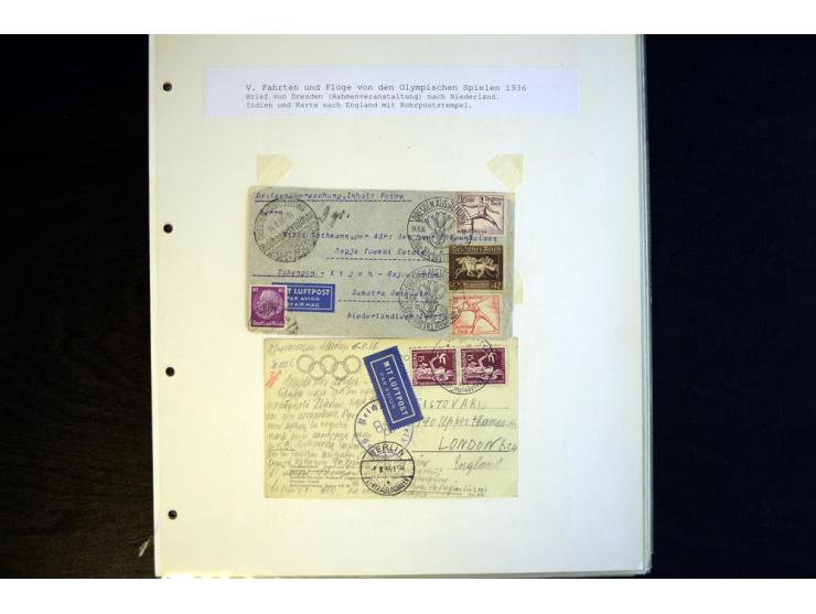 1936, Berlin und Garmisch Partenkirchen, Sammlung "Luftpost während der Olympischen Spiele" mit ca. 40 Briefen, Karten und Ga