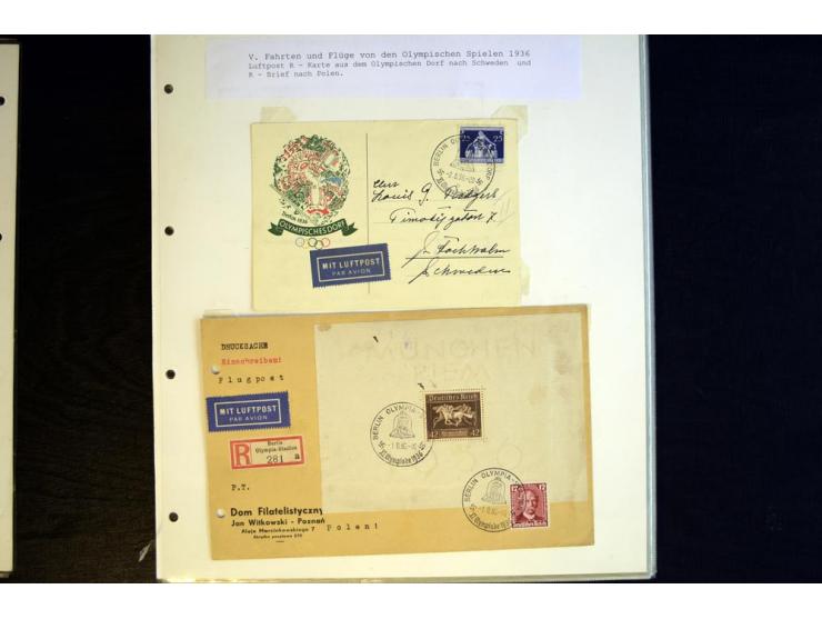1936, Berlin und Garmisch Partenkirchen, Sammlung "Luftpost während der Olympischen Spiele" mit ca. 40 Briefen, Karten und Ga