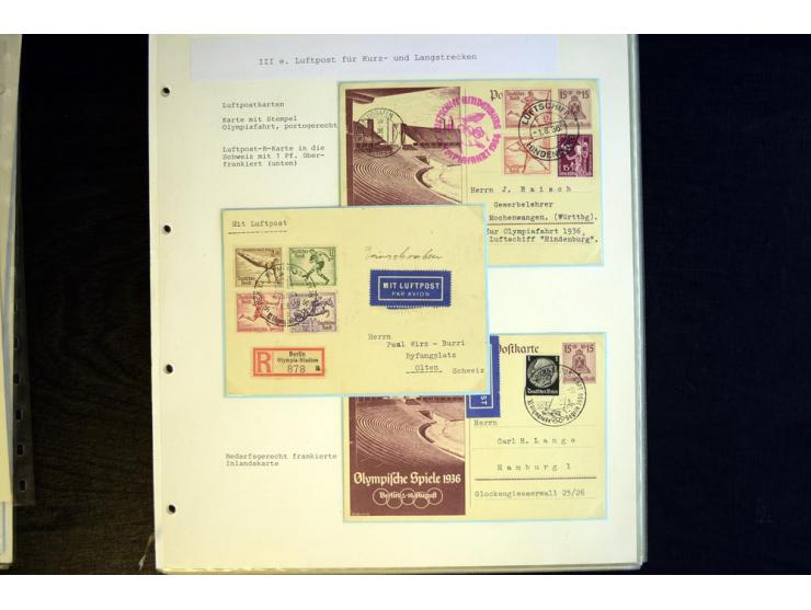 1936, Berlin und Garmisch Partenkirchen, Sammlung "Luftpost während der Olympischen Spiele" mit ca. 40 Briefen, Karten und Ga