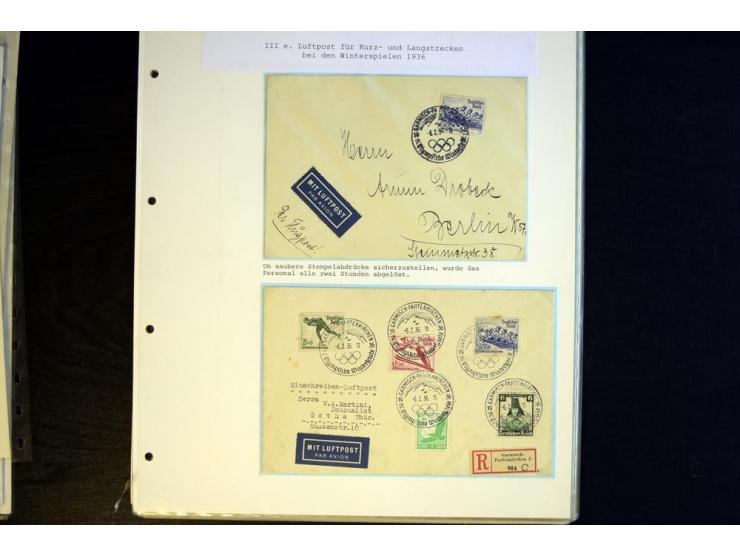 1936, Berlin und Garmisch Partenkirchen, Sammlung "Luftpost während der Olympischen Spiele" mit ca. 40 Briefen, Karten und Ga