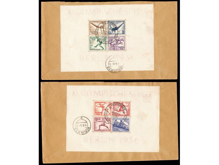 1936, Berlin, Blockpaar mit Sonderstempel "BERLIN OLYMPIA-STADION 1.7.36" (Datum-Fehleinstellung) je rückseitig auf zwei R-Br