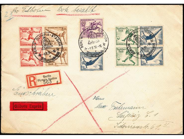 1936, Berlin, Sondermarken Zusammendruck 12+3 Pfg. im Paar und 6+4 Pfg. im Paar sowie Sondermarken 40 Pfg. und 4 Pfg. je mit 