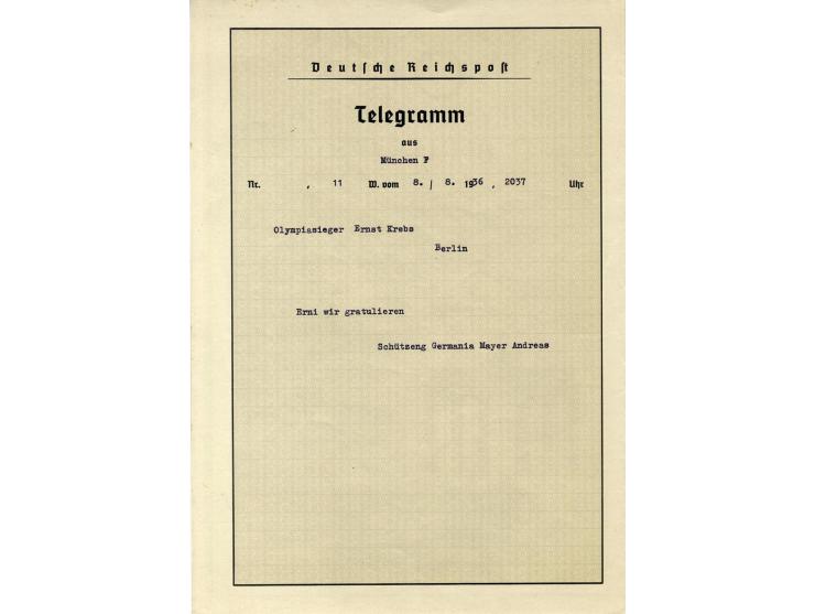Schmucktelegramm Berlin gebraucht von München an Ernst Krebs, dem Olympiasieger im Kanu über 10.000 Meter, gute Erhaltung