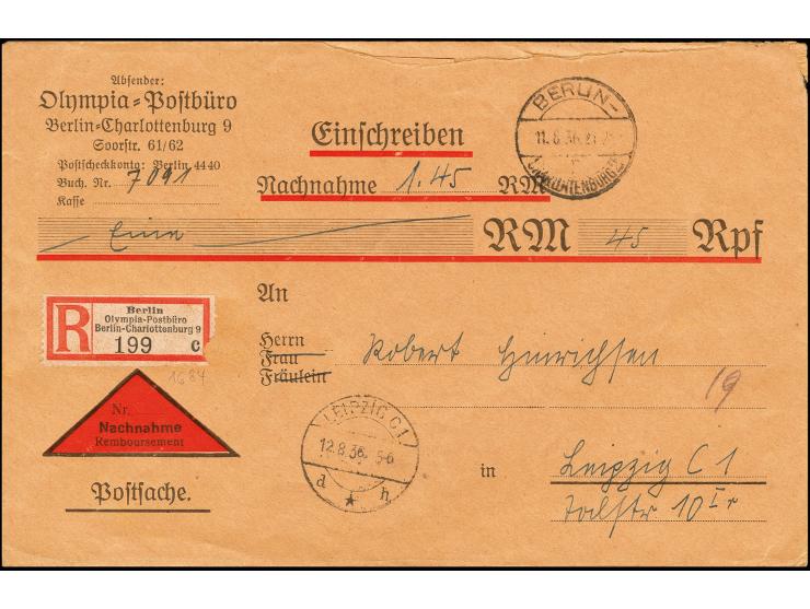 1936, Berlin, R--Nachnahme-Vordruckbrief des Olympia-Postbüro von "BERLIN-CHARLOTTENBURG 2 11.8.36" mit Sonder-R-Zettel "Berl