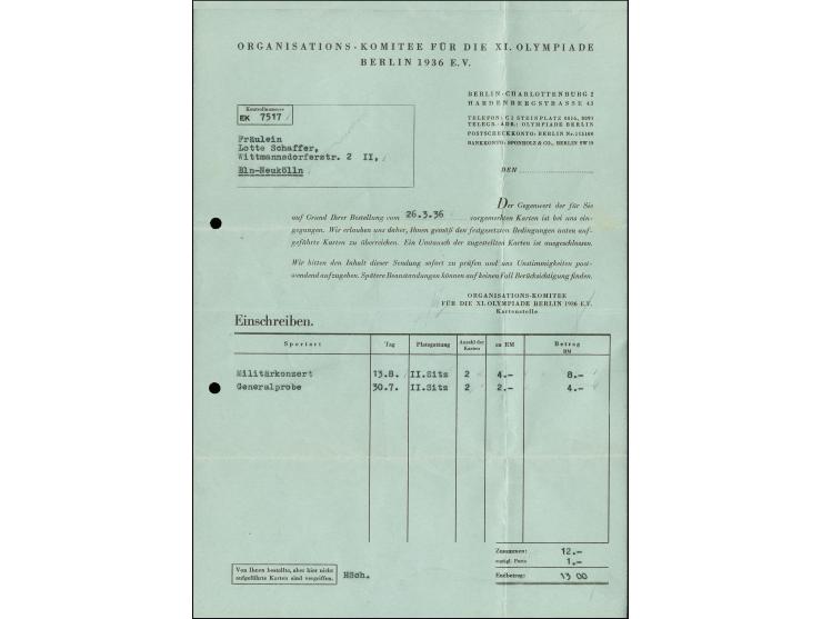 1936, Berlin, offizieller Versandumschlag für Eintrittskarten mit rückseitigem Absender-Vordruck mit Olympischen Ringen als R