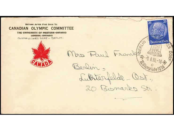 1936,  Berlin, Vordruck-Umschlag "CANADIAN OLYMPIC COMITTEE" mit handschriftlich geänderter Adresse "OLYMPISCHES DORF-BERLIN"