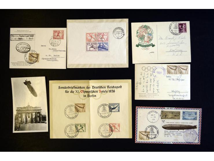 1936, Berlin, Partie mit 8 Briefen, Karten und Ansichtskarten, dabei u.a. Vordruckbrief und Karte "Olympisches Dorf" mit Sond