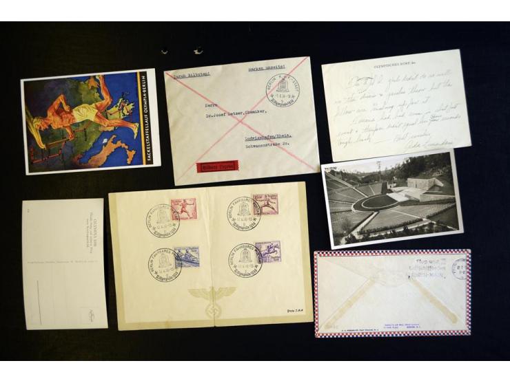 1936, Berlin, Partie mit 8 Briefen, Karten und Ansichtskarten, dabei u.a. Vordruckbrief und Karte "Olympisches Dorf" mit Sond