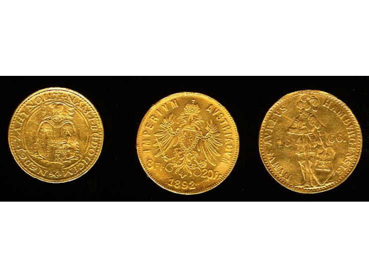 GOLDMÜNZEN: Kleine Partie von 3 Goldmünzen, dabei Hamburg 1 Ducate 1866, Tschechoslowakei und Österreich Goldmünze 8 Florin /