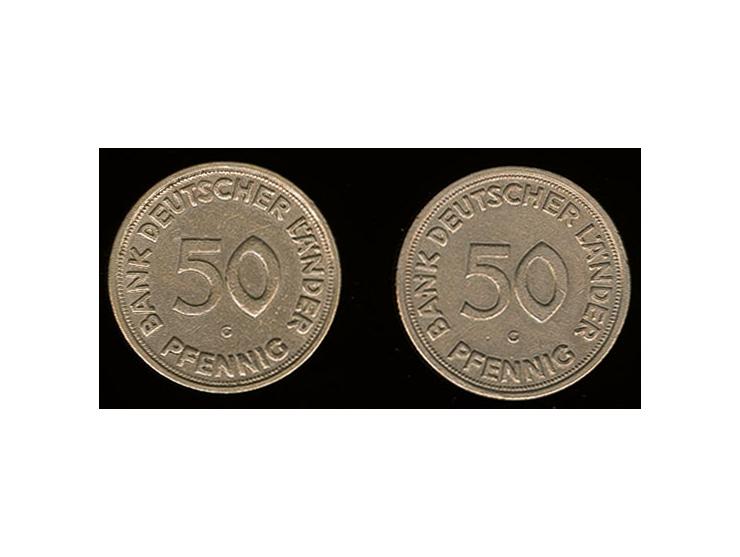 BUNDESREPUBKLIK: 50 Pfennig Bank deutscher Länder 1950 G, zwei Stück in s/ss