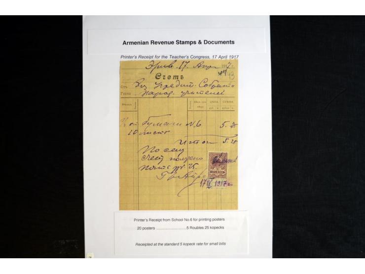 1870s/1923 (ca.), The Dr R J Ceresa Exhibit collection of Armenian Fiscal stamps and documents, comprising over 30 documents 