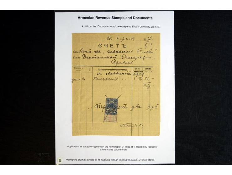 1870s/1923 (ca.), The Dr R J Ceresa Exhibit collection of Armenian Fiscal stamps and documents, comprising over 30 documents 